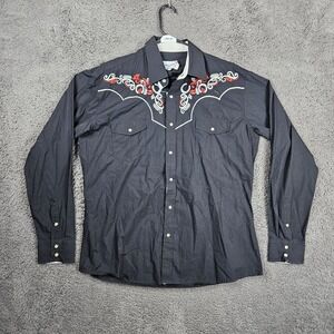 Ace of Diamond Mens XL Black Western Pearl Snap Shirt Embroidered Horseshoe